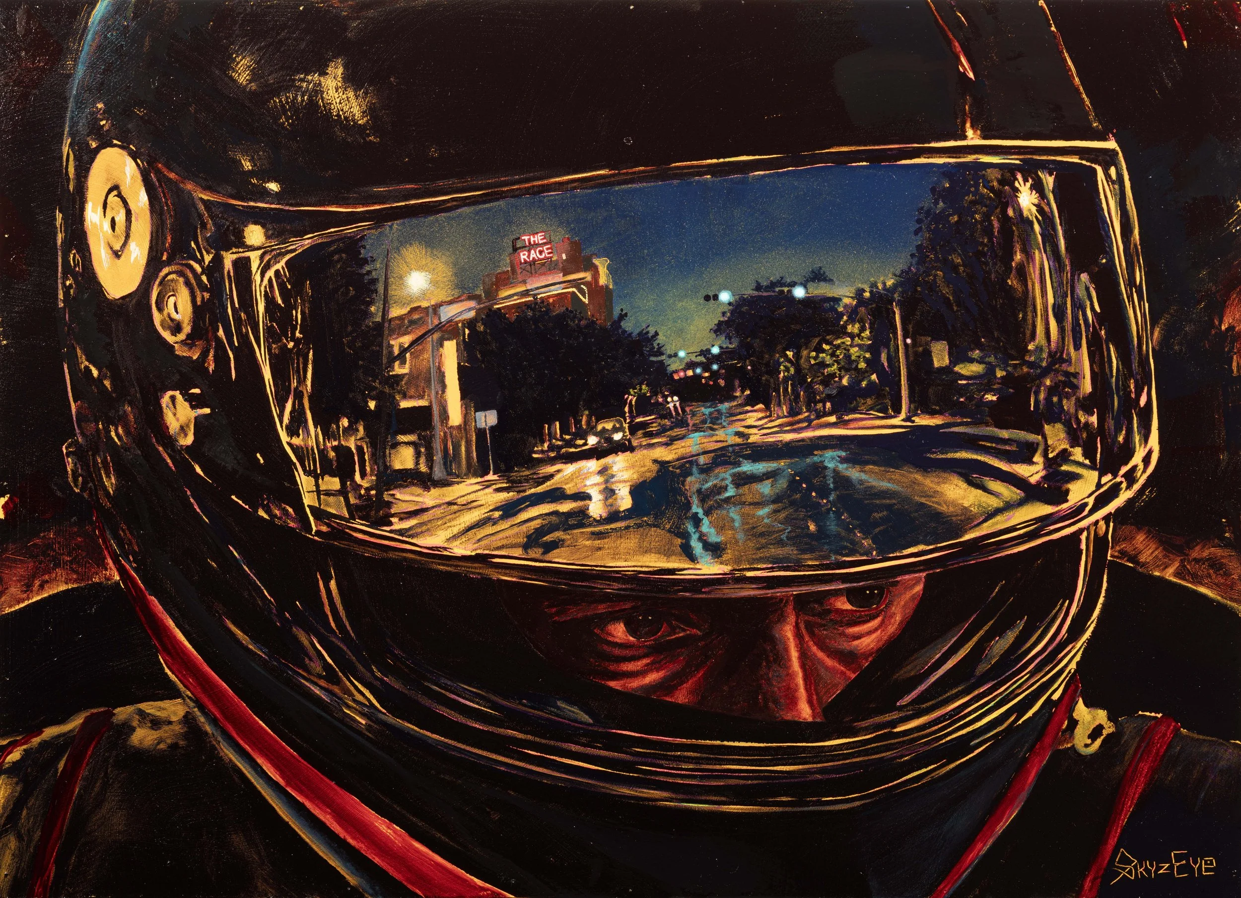 Expressive painting of a nighttime street reflected in a race car driver’s visor by Texas artist Schuyler Ferris.
