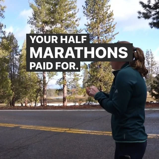 Person in outdoor setting with trees, text overlay 'YOUR HALF MARATHONS PAID FOR.'