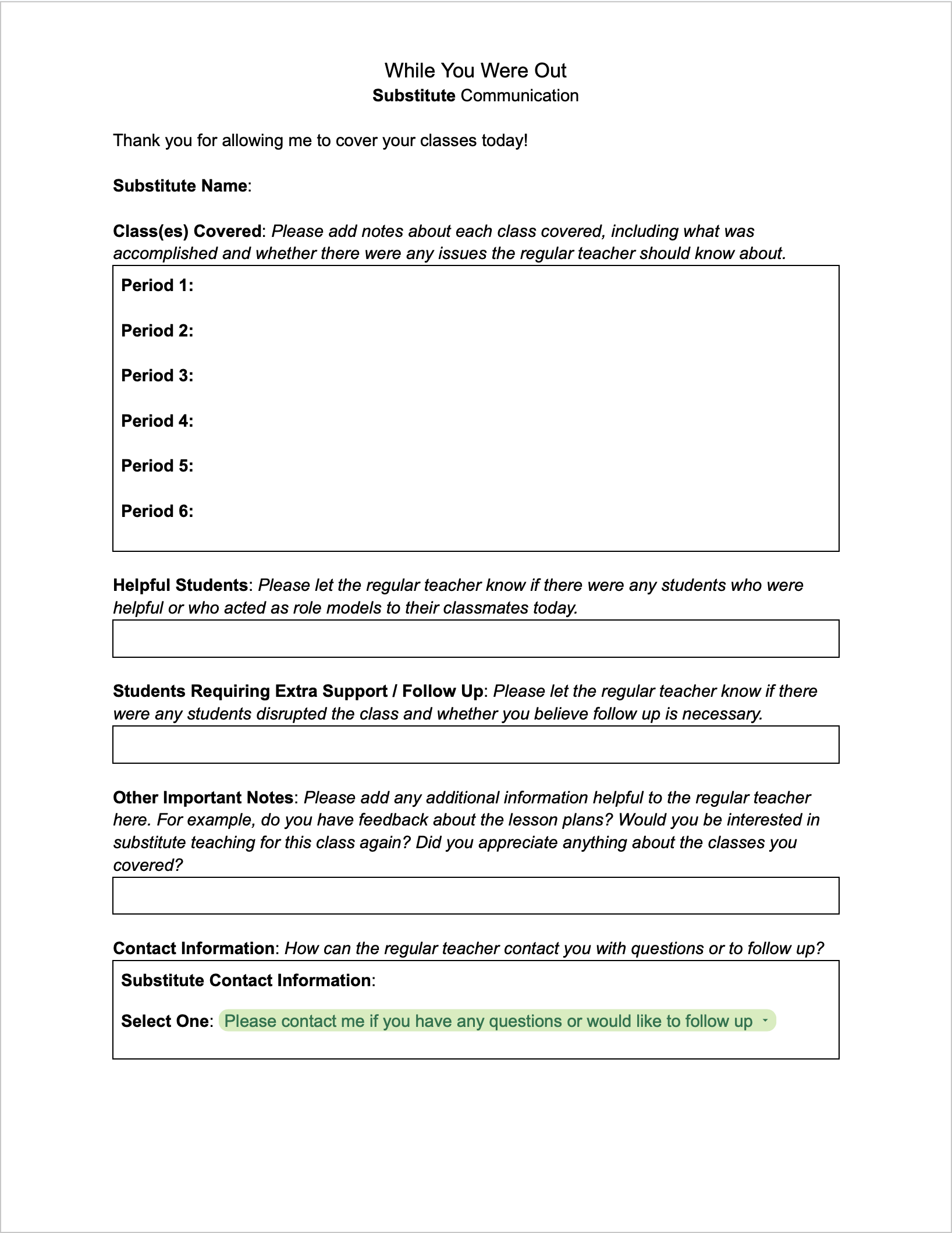 Substitute Communication Document