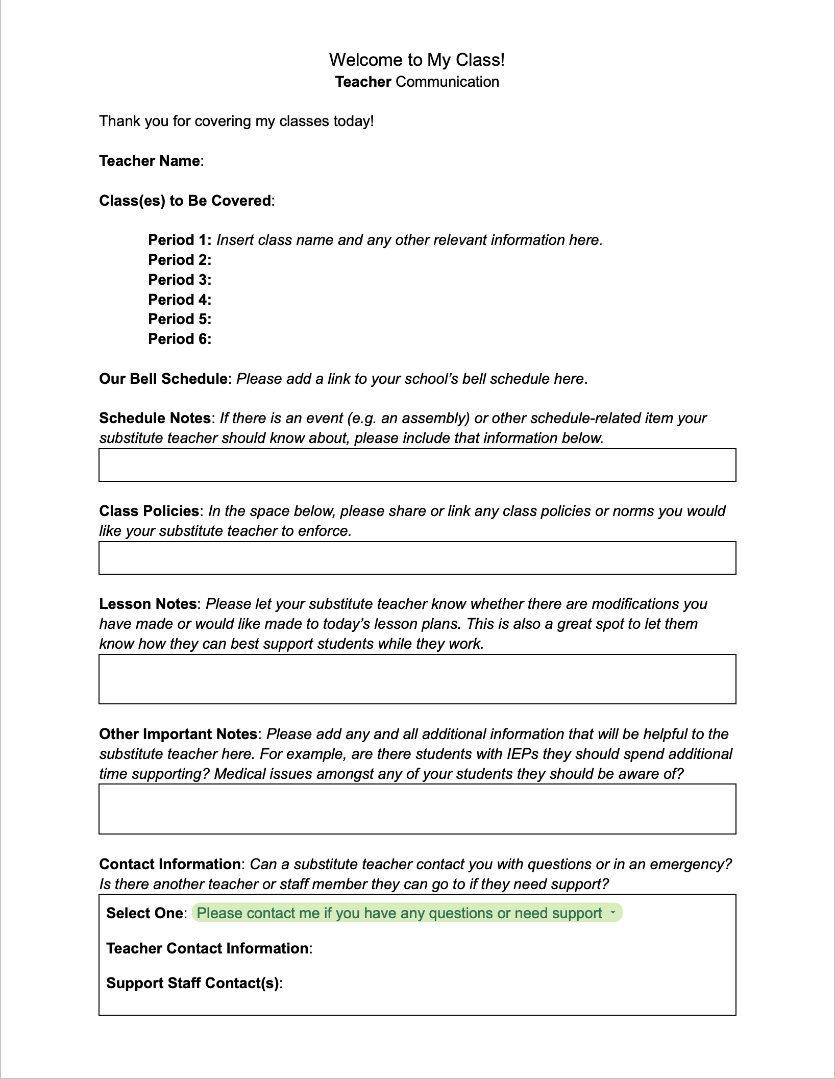 Teacher Communication Document