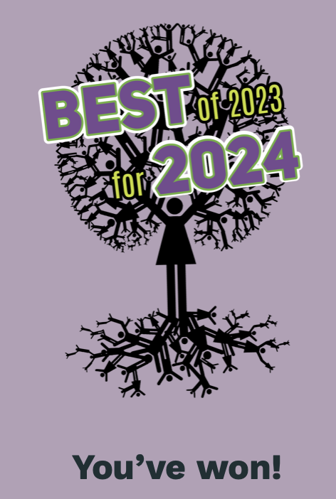 A purple background with a black tree made of human figures and branches, with the text 'Best of 2023 for 2024' in large green and purple letters, and 'You've won!' at the bottom.