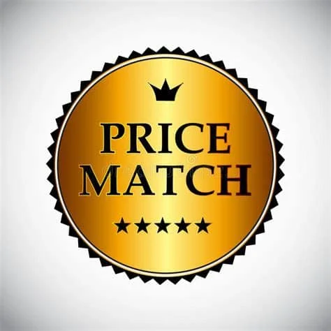 Gold and black circular badge with a crown icon at the top, the words 'PRICE MATCH' in bold black letters, and five black stars below.