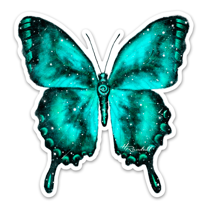 A teal-colored butterfly with galaxy-like patterns, white specks, and a signature in the bottom right corner on a black background.