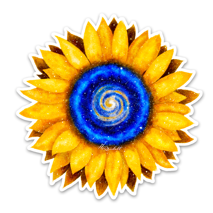 A sunflower with yellow petals surrounding a swirling galaxy in the center, set against a black background.
