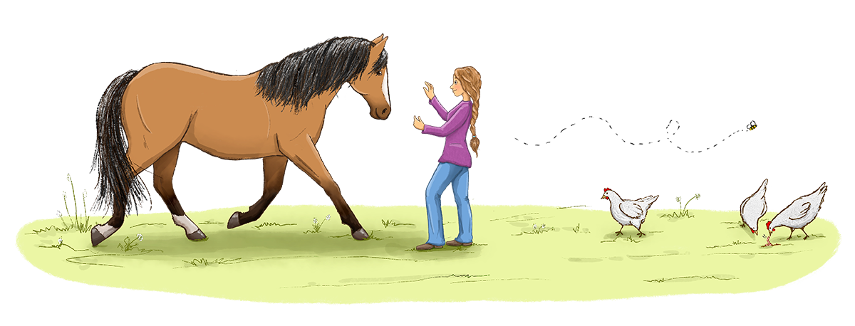 A girl in a purple jacket and blue jeans interacting with a brown horse on a farm. Three chickens are nearby on a grassy area.