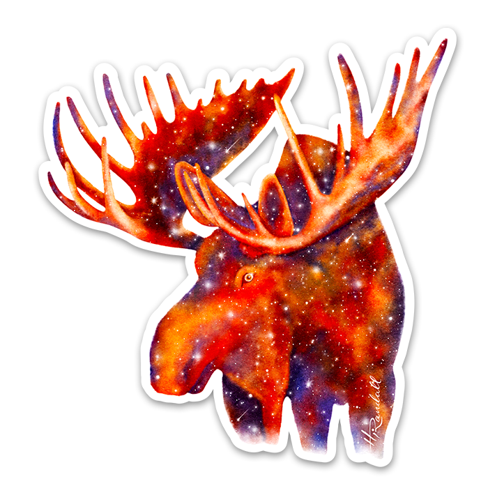 A sticker of a moose with a galaxy pattern on it, featuring stars and nebulae, on a black background.