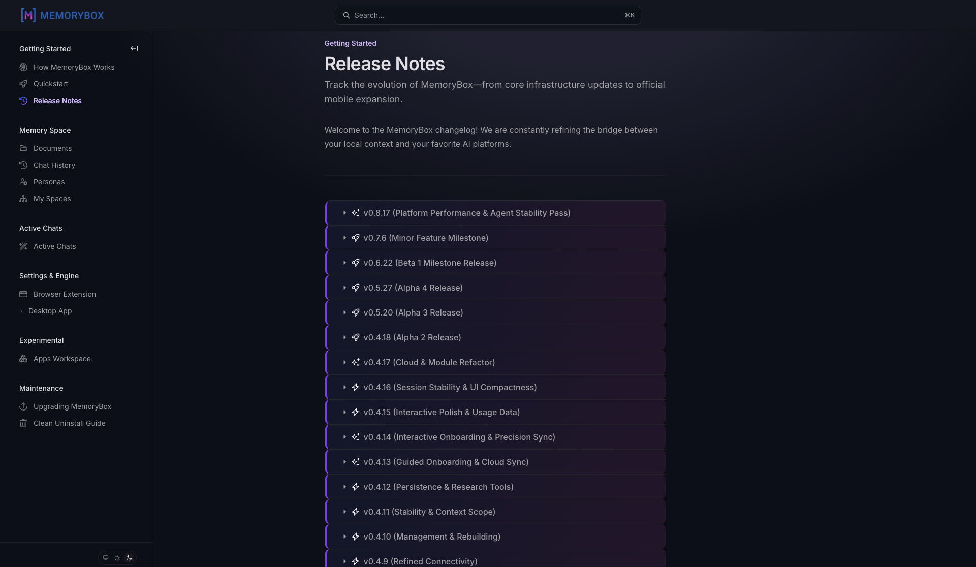 Release notes are also placed within accordions, so that a user can choose the release they are interested on, without getting lost in a long page of text.