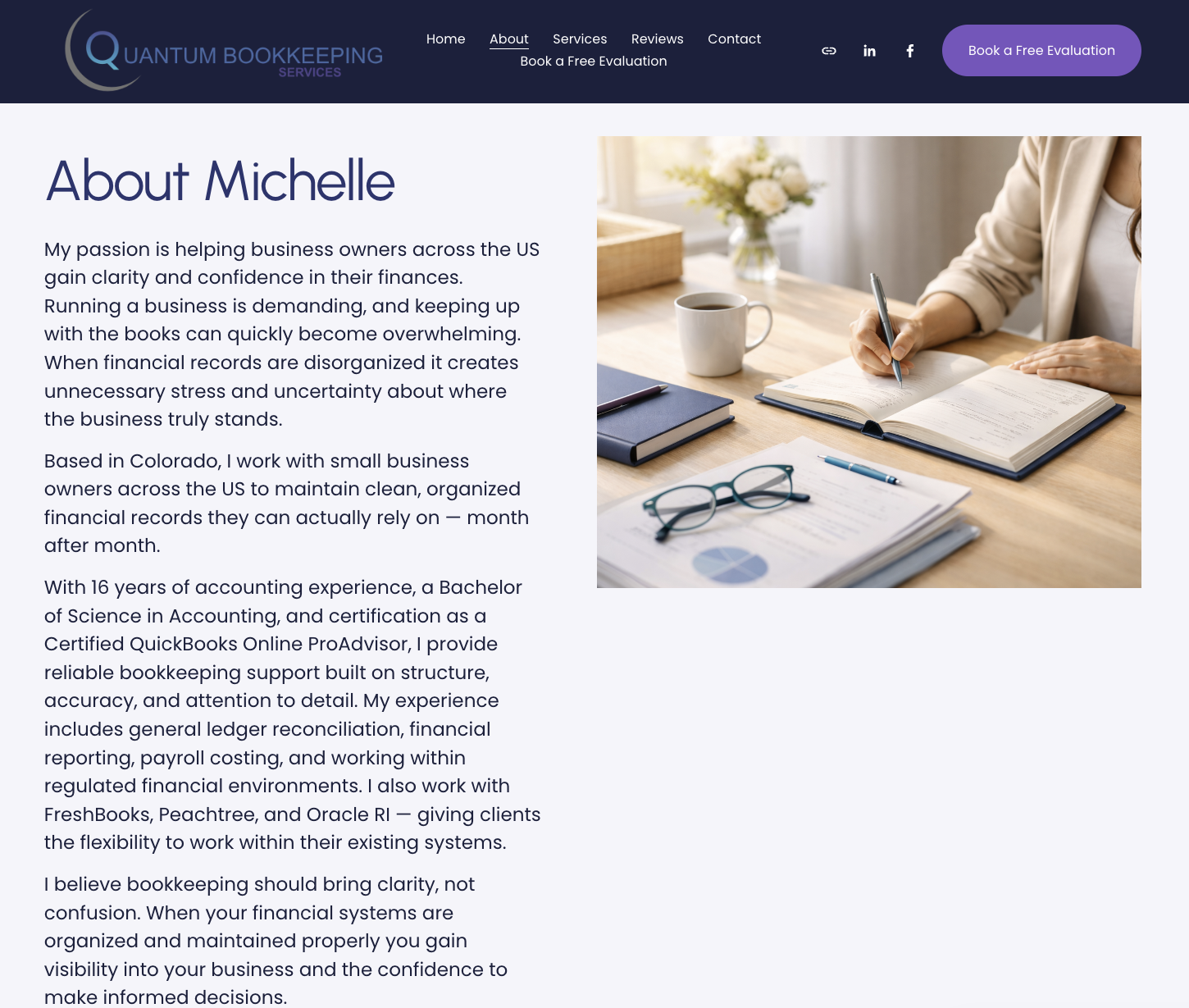 Consulted with Michelle to match her voice, her feel, and her feelings about her background in a manner that is inviting, warm, and welcoming while keeping a professional, financial image.
