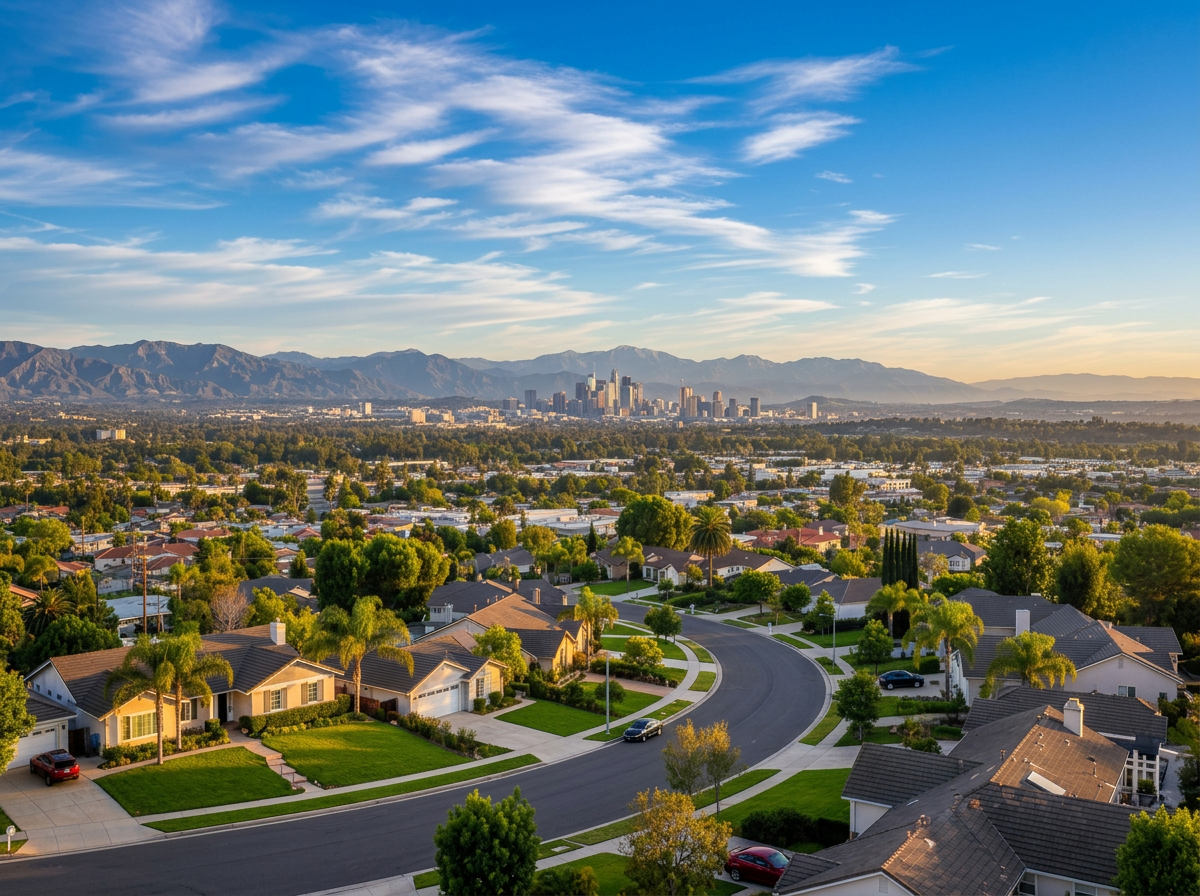 Suburban neighborhood with curved streets, houses, and lush green trees in the foreground, Los Angeles skyline in the distance, with mountains under a partly cloudy sky.