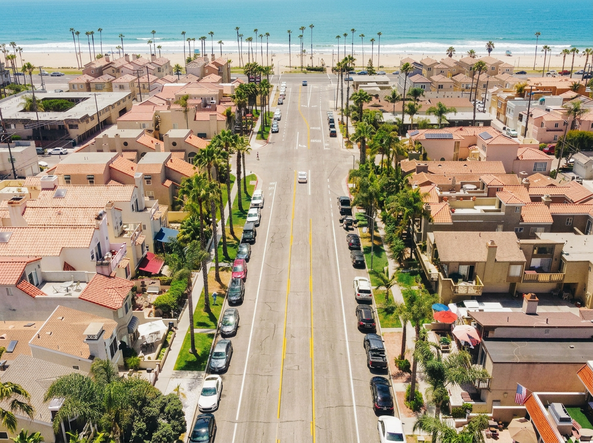 Aerial view of a coastal neighborhood with houses, palm trees, parked cars on both sides of a street, and the beach in the background.