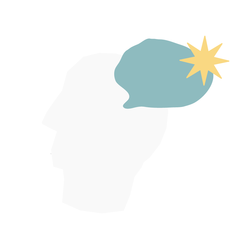 Illustration of a human head with a thought bubble and a star symbol.