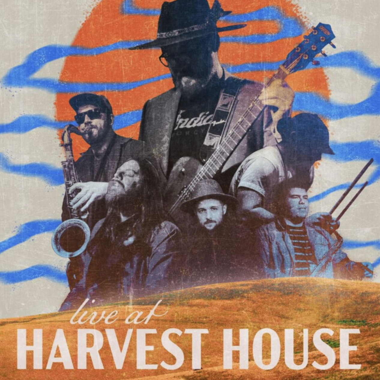Poster promoting a live concert at Harvest House featuring a collage of musicians playing instruments against a colorful background of blue and orange stripes and a sunset landscape with the text "live at HARVEST HOUSE".