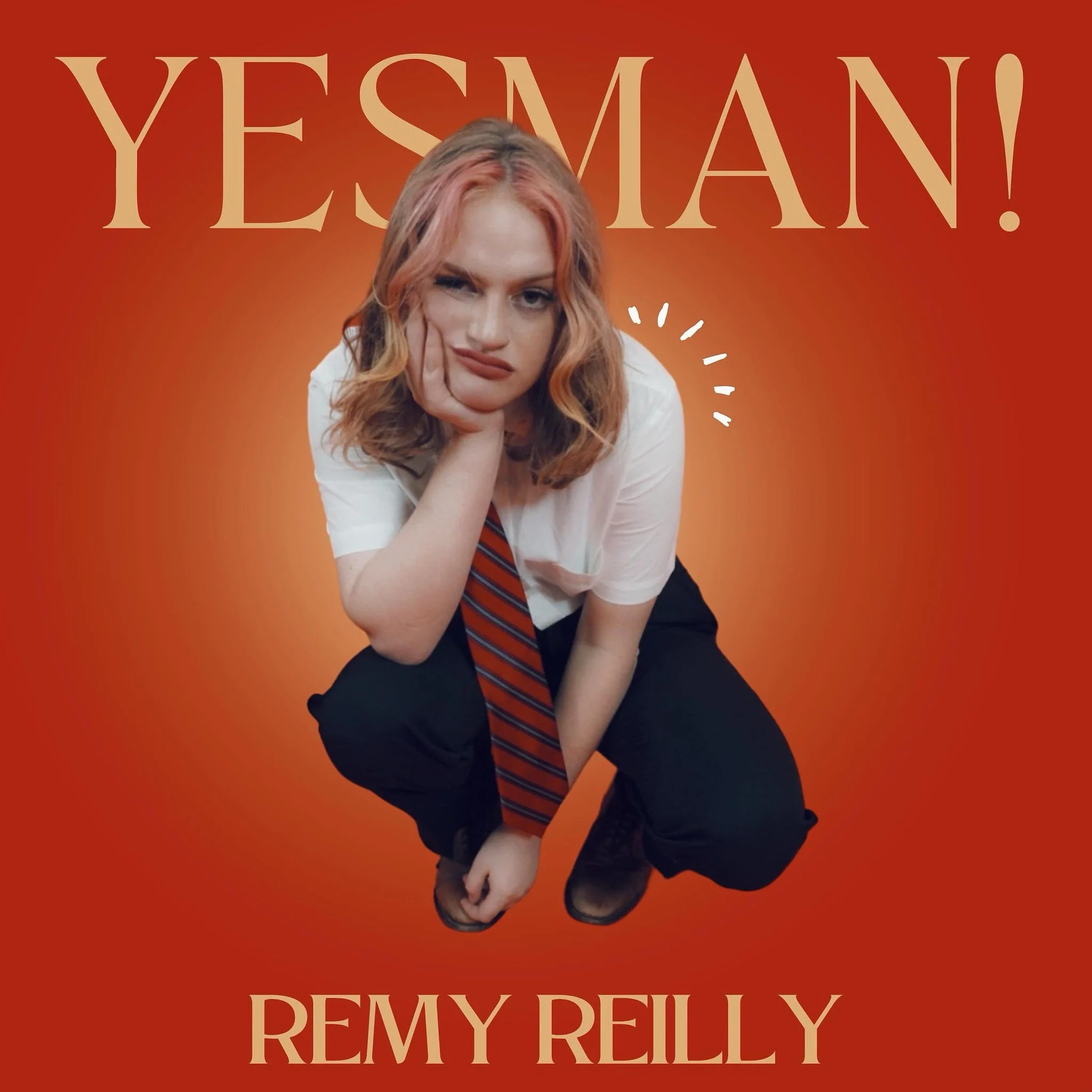 Book cover with large title 'YES, MAN!' and an image of a woman with red hair resting her face on her hand, wearing a white shirt and red striped tie, against an orange background with the subtitle 'REMEMBER FULLY' at the bottom.