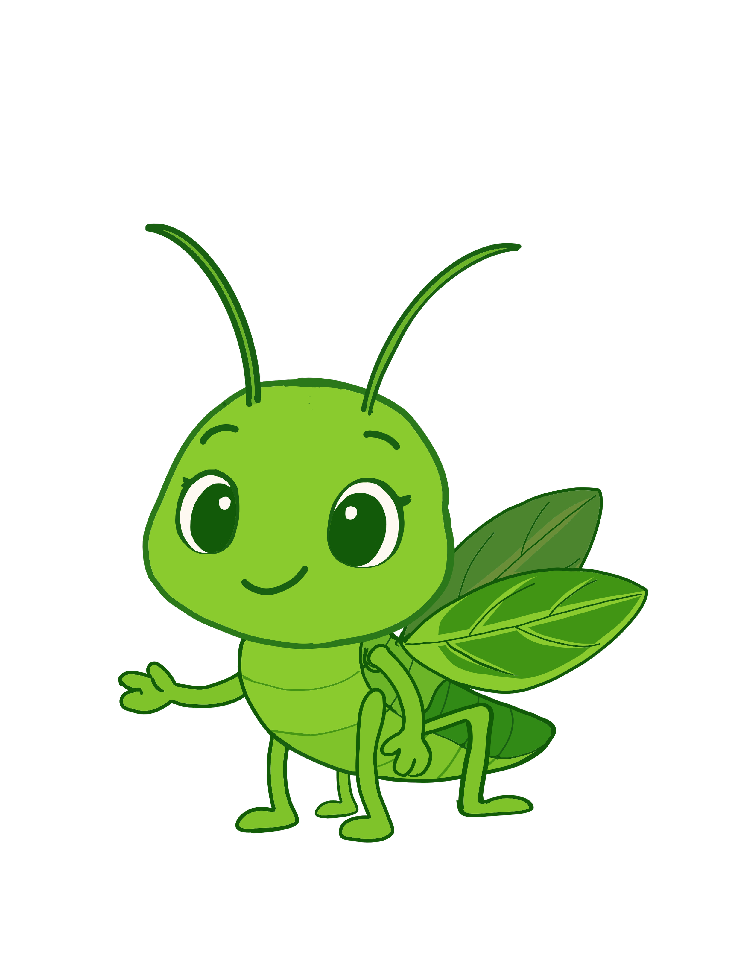 Dibujo de una criatura que es una combinación de saltamontes y mariposa, con ojos grandes, antenas largas y alas verdes.