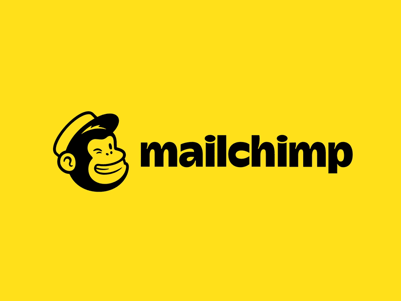 Mailchimp logo featuring a cartoon chimpanzee wearing a hat, with the word 'mailchimp' in bold black letters on a yellow background.