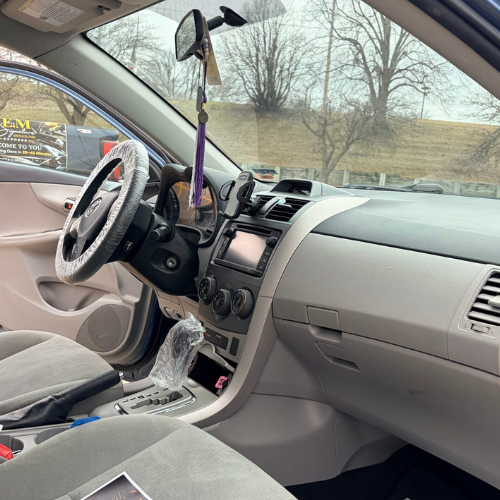 Interior of a car showing the dashboard, steering wheel, and front seats, with a hanging purple tassel from the mirror and a view of trees outside.