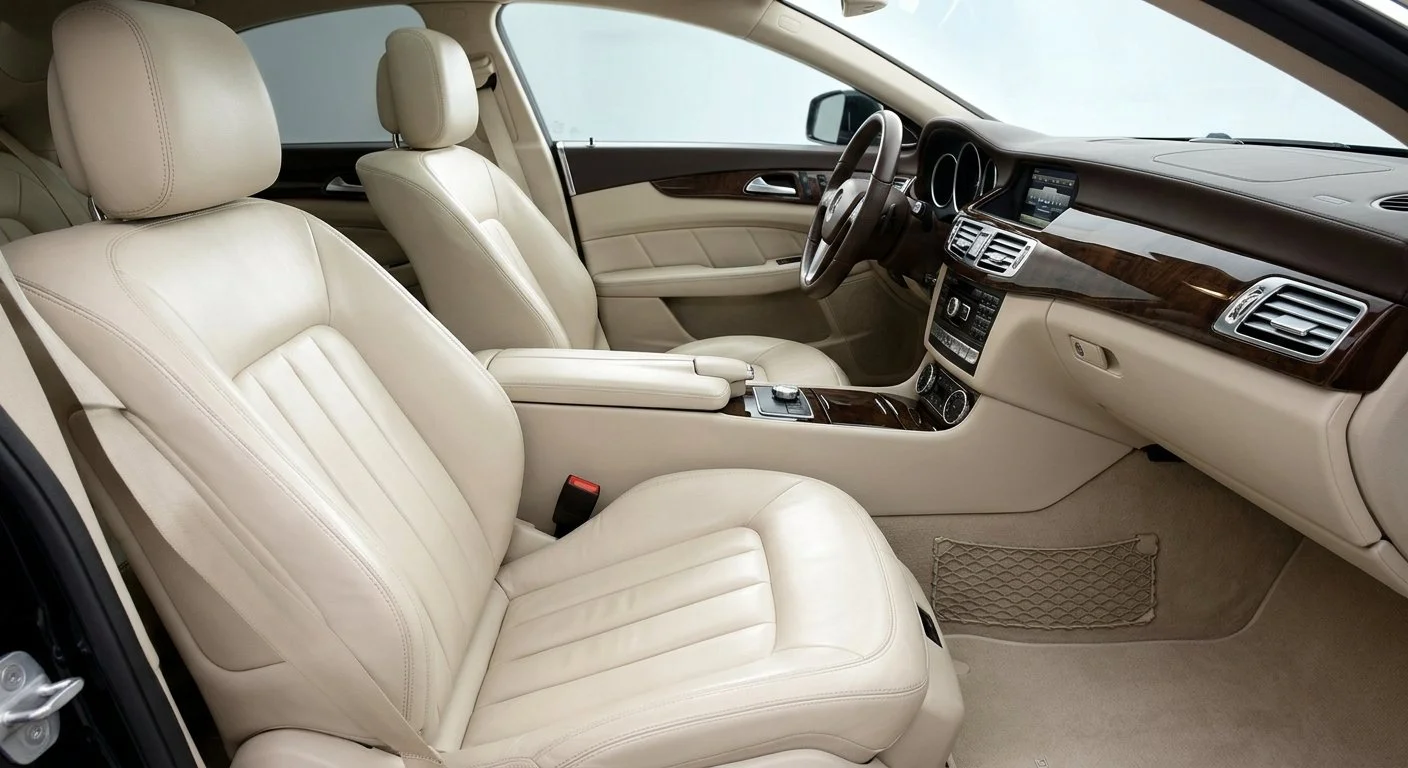 Interior of a luxury car with cream-colored leather seats, a dashboard with wood trim, and a center console with controls.