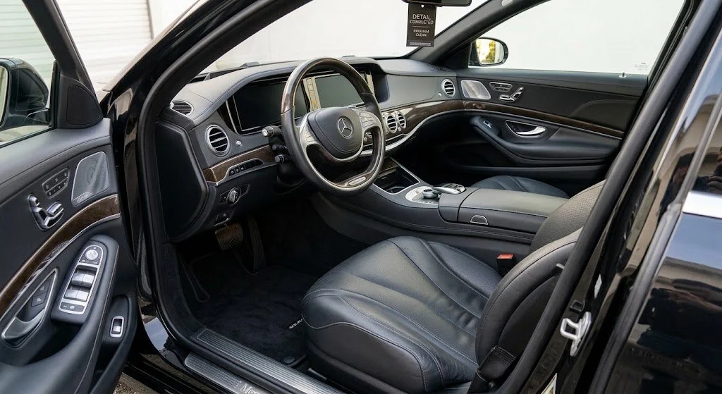 Interior of a luxury black Mercedes-Benz car, showing the driver's seat, steering wheel, dashboard, and front passenger area with black leather seats and wood trim.