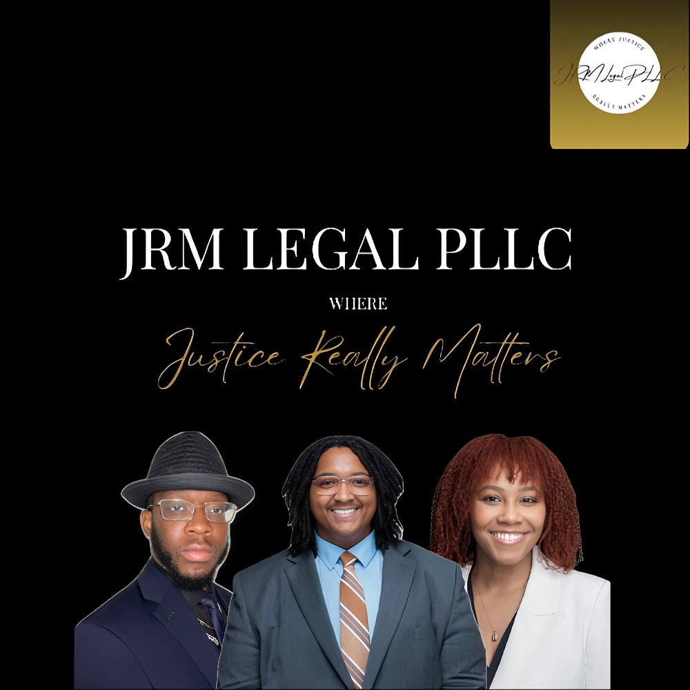 Business card for JRM Legal PLLC with the slogan 'Justice Really Matters'. Features photos of three smiling professionals in business attire.