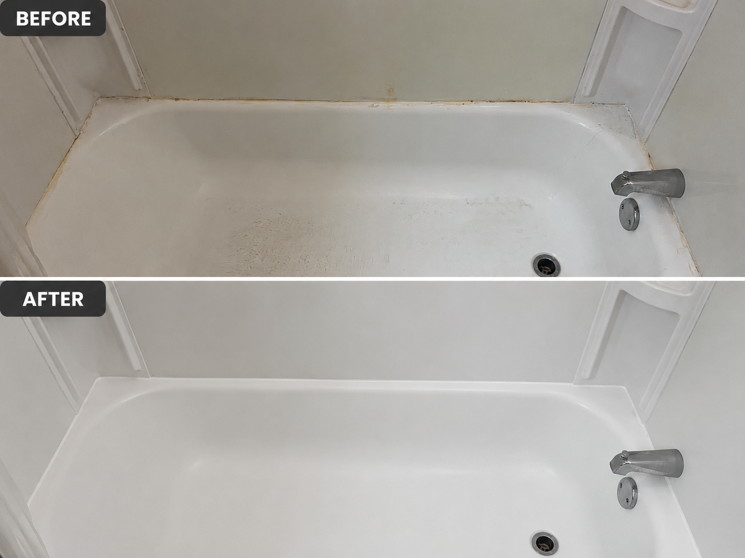 Soap scum, grime, and buildup were removed to restore a cleaner, brighter tub. We don’t normally replace caulk as part of our services, but this special case called for it to help fully refresh the space.