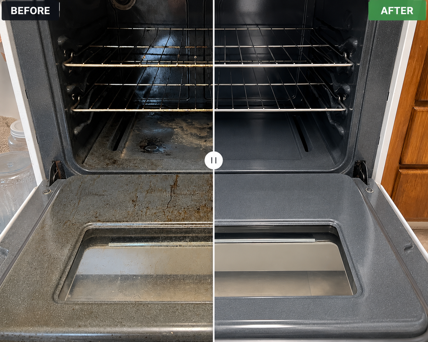 This oven put up a fight, but the results were worth it. Layers of grease and baked on buildup were removed to bring back a cleaner, fresher finish.