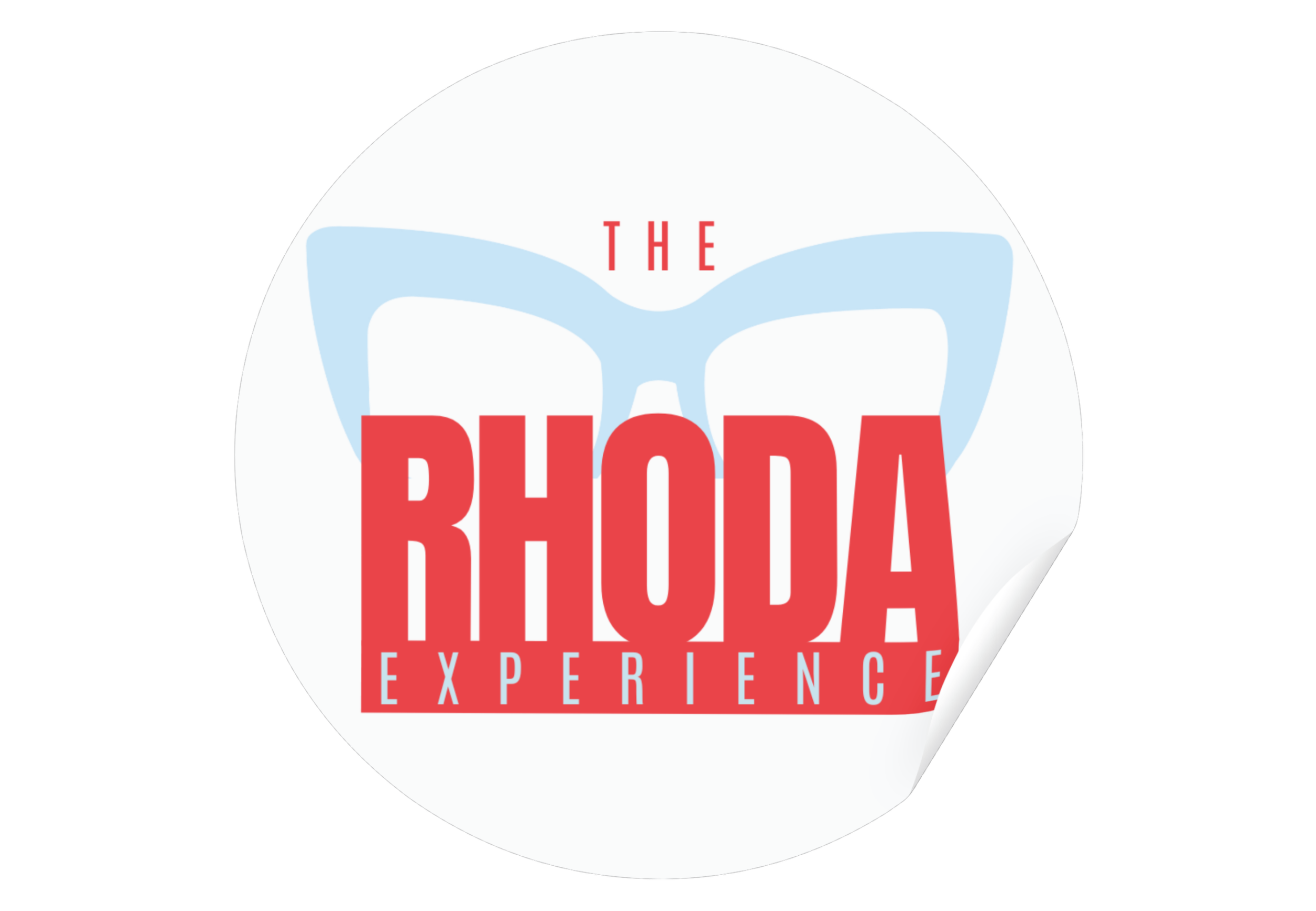 Logo for The Rhoda Experience with a stylized face wearing glasses in the background.
