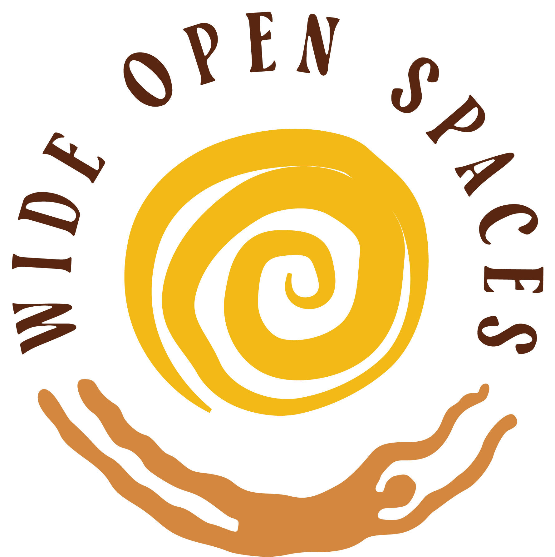 Logo for Mudie Open Spaces featuring a yellow spiral with a brown hand underneath and curved text reading 'Mudie Open Spaces'