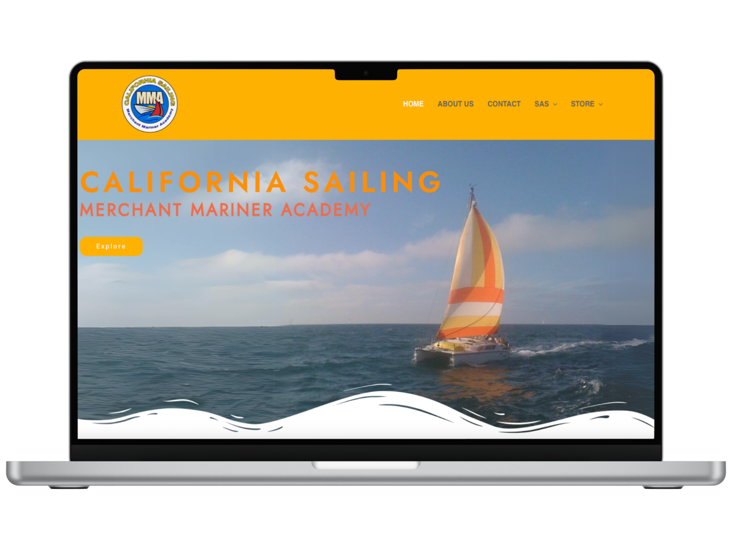 Laptop screen displaying the California Sailing Merchant Mariner Academy website, featuring an image of a sailboat on the water with a blue sky and clouds in the background, and navigation menu options at the top.