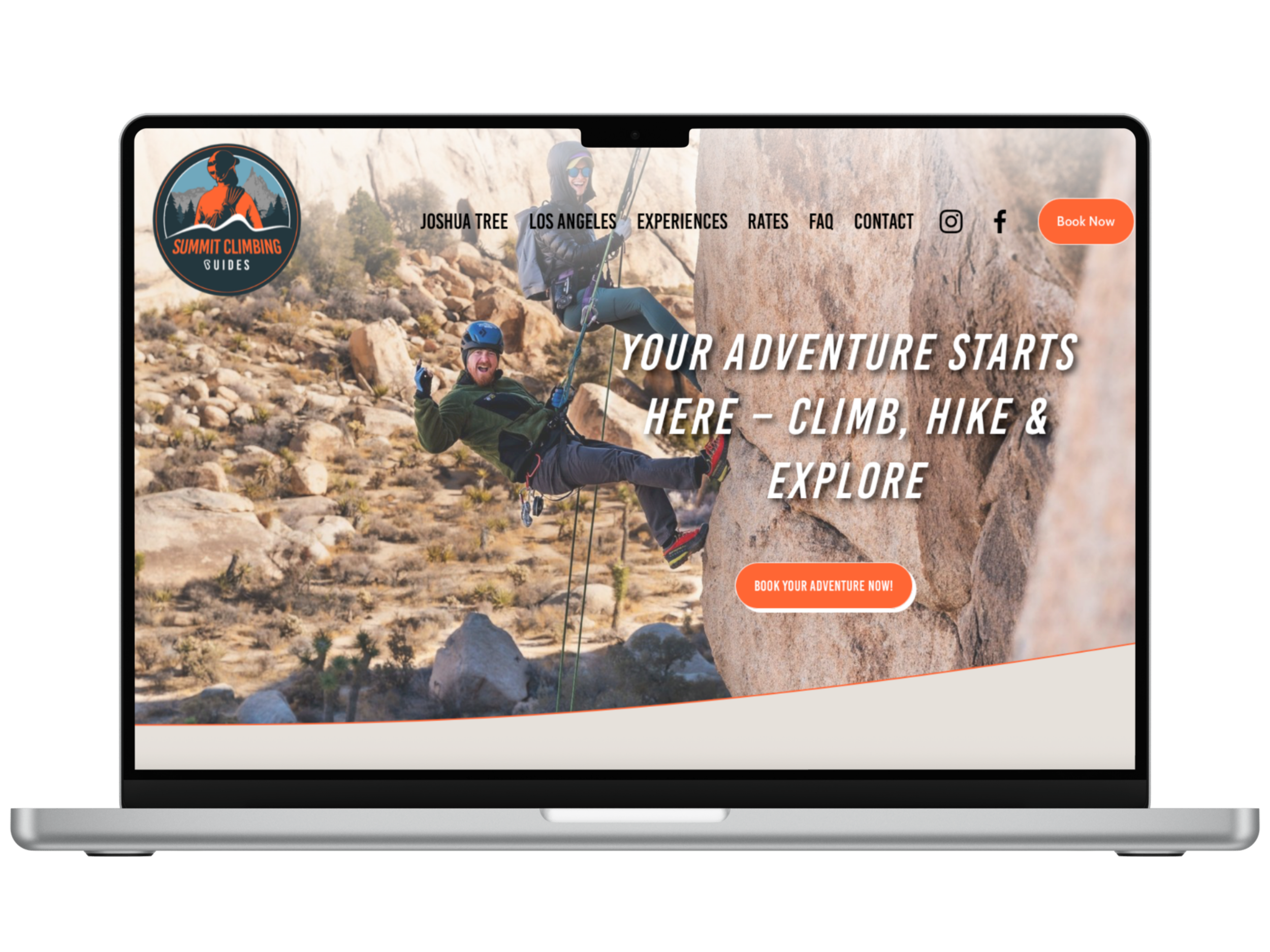 Laptop screen displaying a climbing adventure website with photo of two climbers on a rock, website options, logo, and booking buttons.