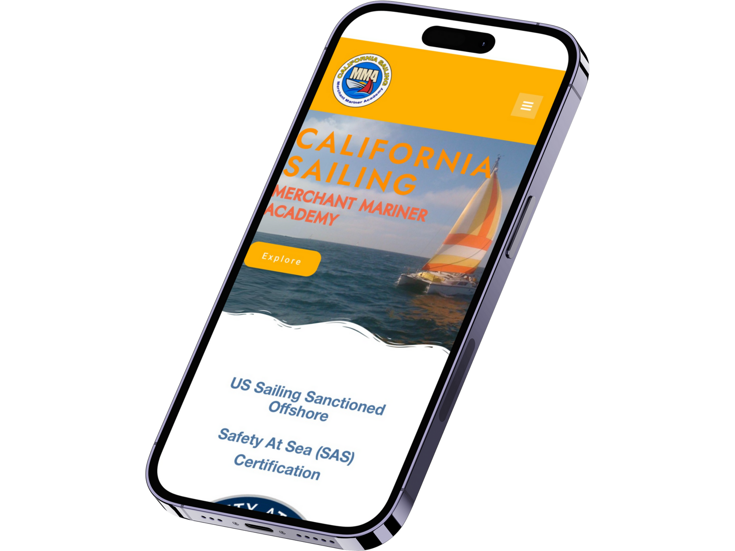 Smartphone displaying the California Sailing Merchant Mariner Academy website with an image of a sailboat on the water.