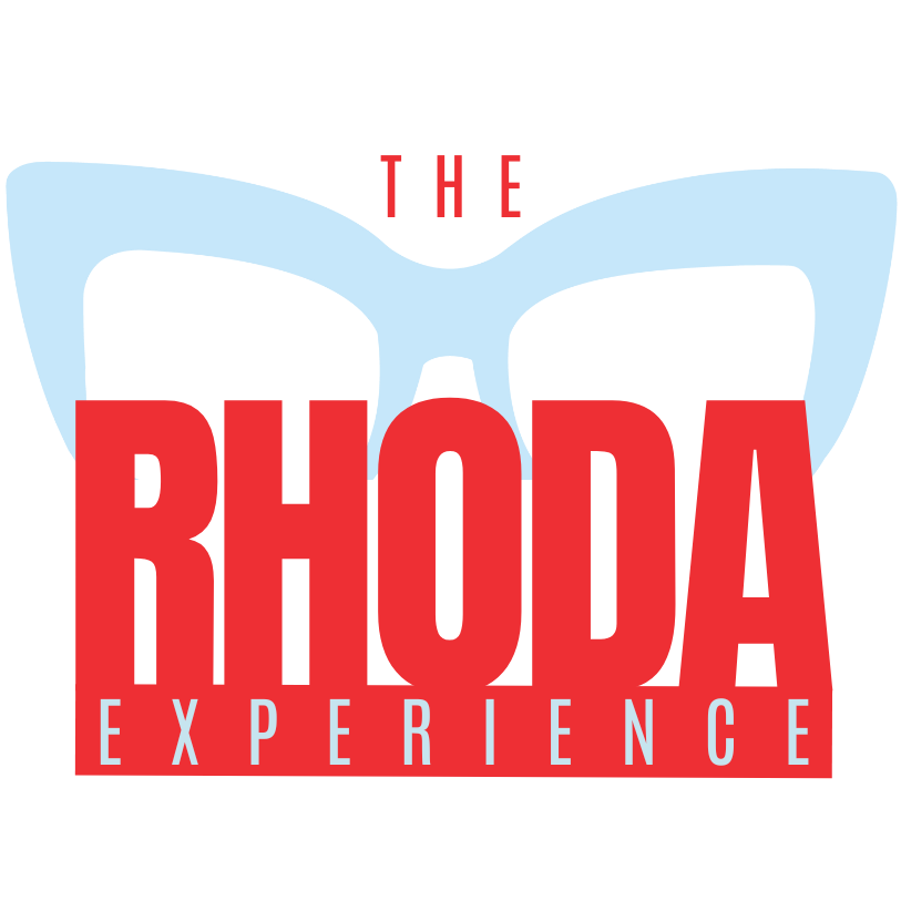Logo for 'The Rhode Experience' featuring a stylized white eyeglasses frame and the words 'THE RHODE EXPERIENCE' in red and white text.