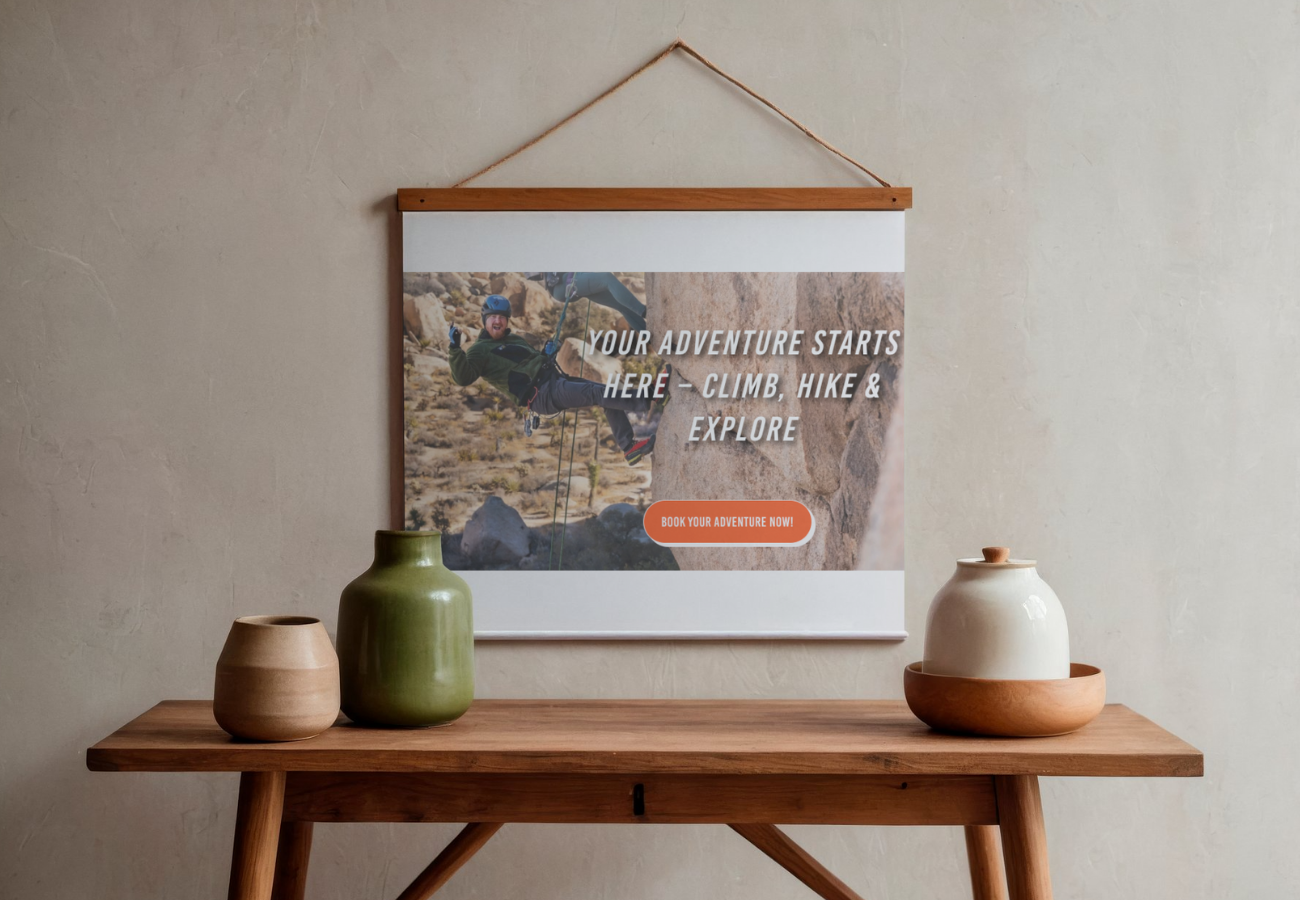 Interior wall with a wooden table holding three ceramic vases, and a landscape adventure poster with a person climbing rocks and the text 'Your adventure starts here - climb, hike & explore' with a call-to-action button.