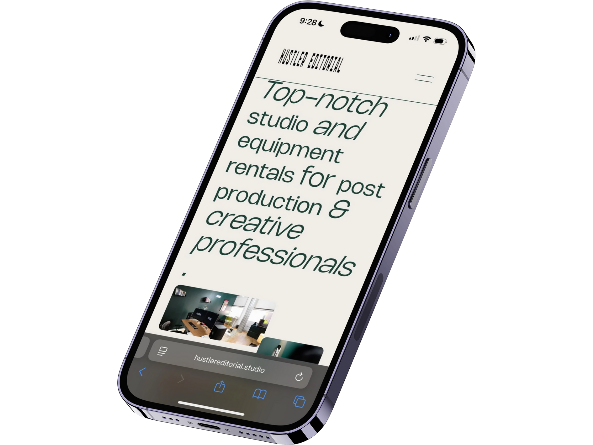 A smartphone displaying a webpage for Hustler Editorial, offering studio and equipment rentals for post-production and creative professionals.