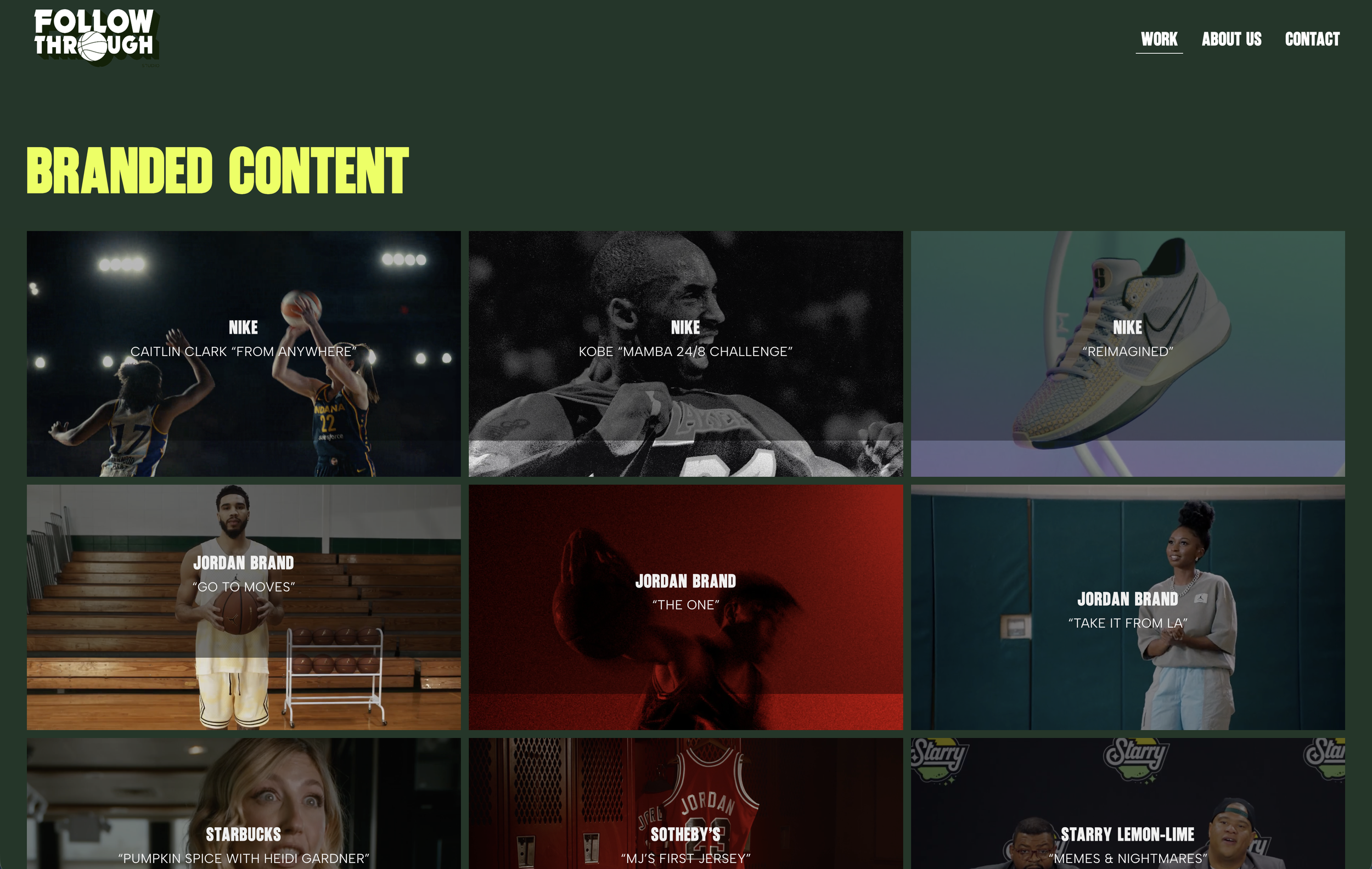 A website homepage with a dark green background and large yellow text reading 'BRANDED CONTENT'. It features multiple images of athletes, including a basketball player, a football player, and a woman in a gym, with overlays of text describing various branded stories.