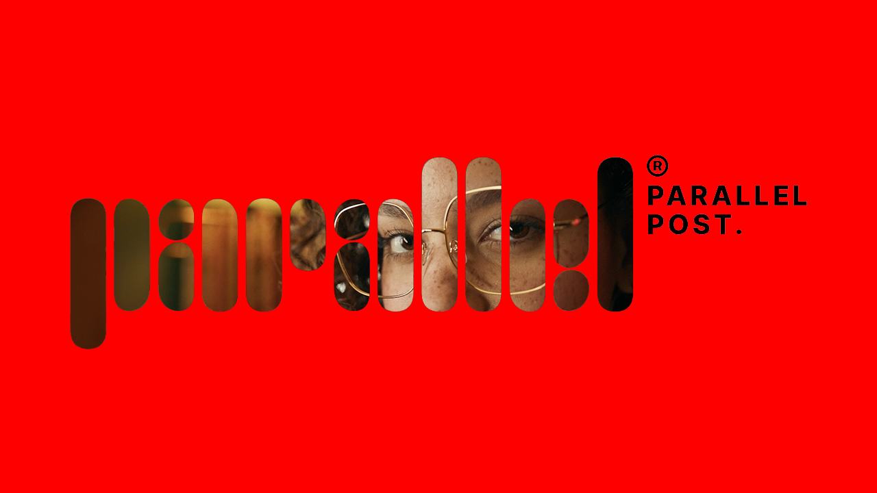 Red background with cutouts revealing a woman's face wearing glasses, with the text 'parallel' and 'POST.' on the right side.