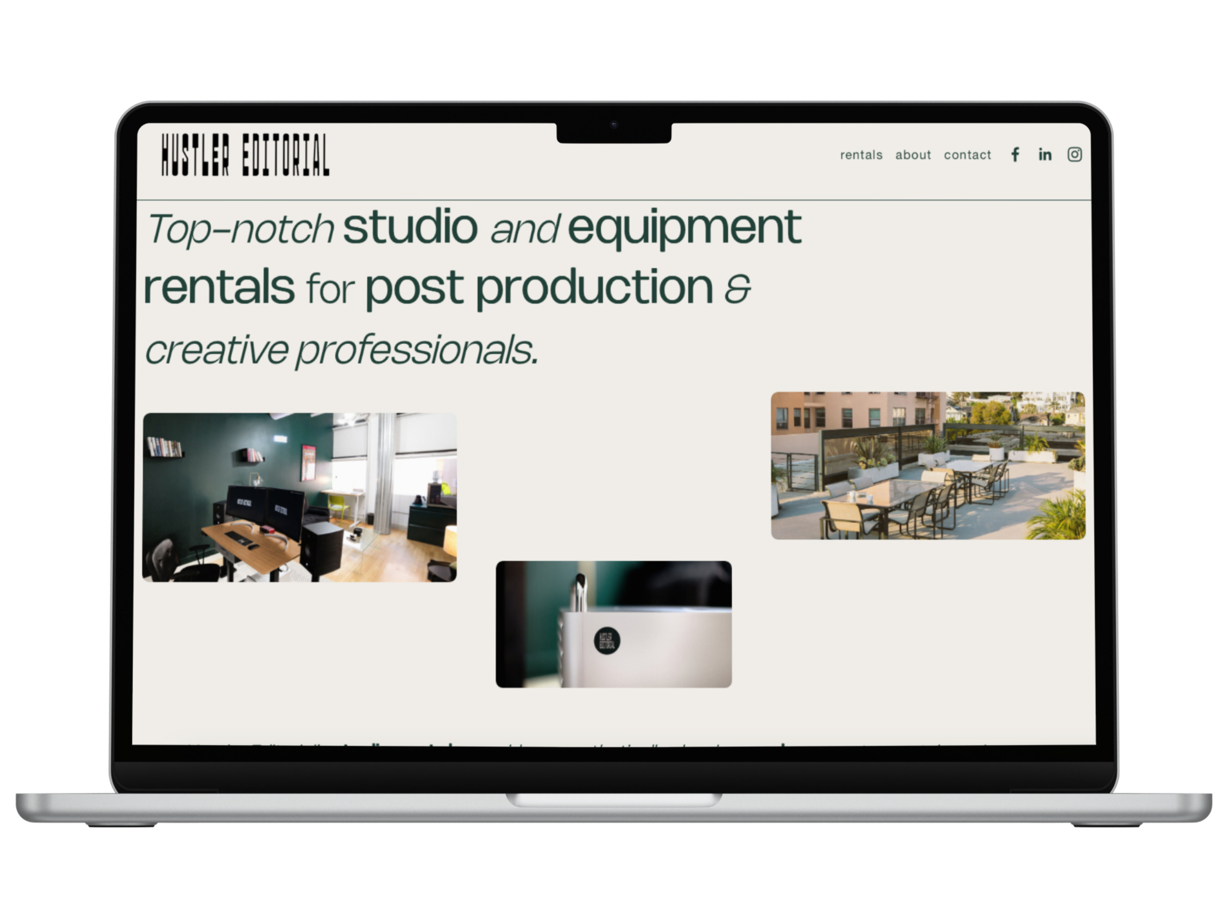 A website homepage for HUSTLER FOTURAL, offering studio and equipment rentals for post production and creative professionals. The page includes images of a studio interior, an outdoor rooftop area, and equipment, with navigation links for rentals, about, contact, and social media icons.