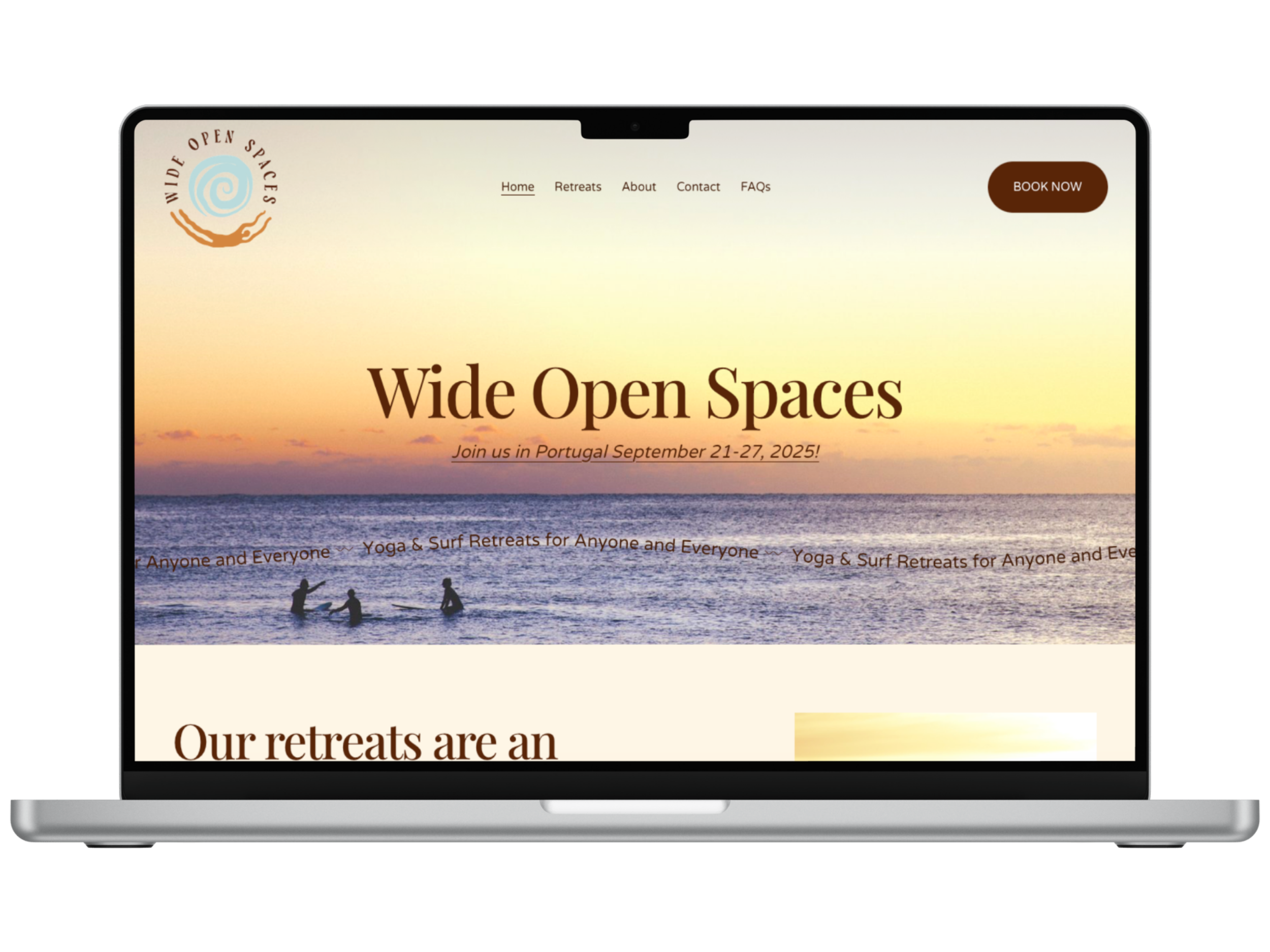 Laptop screen displaying a website for Wide Open Spaces, featuring a sunset over the ocean, with three people surfing. The website offers yoga and surf retreats in Portugal from September 21-27, 2025, with navigation links and a "Book Now" button.