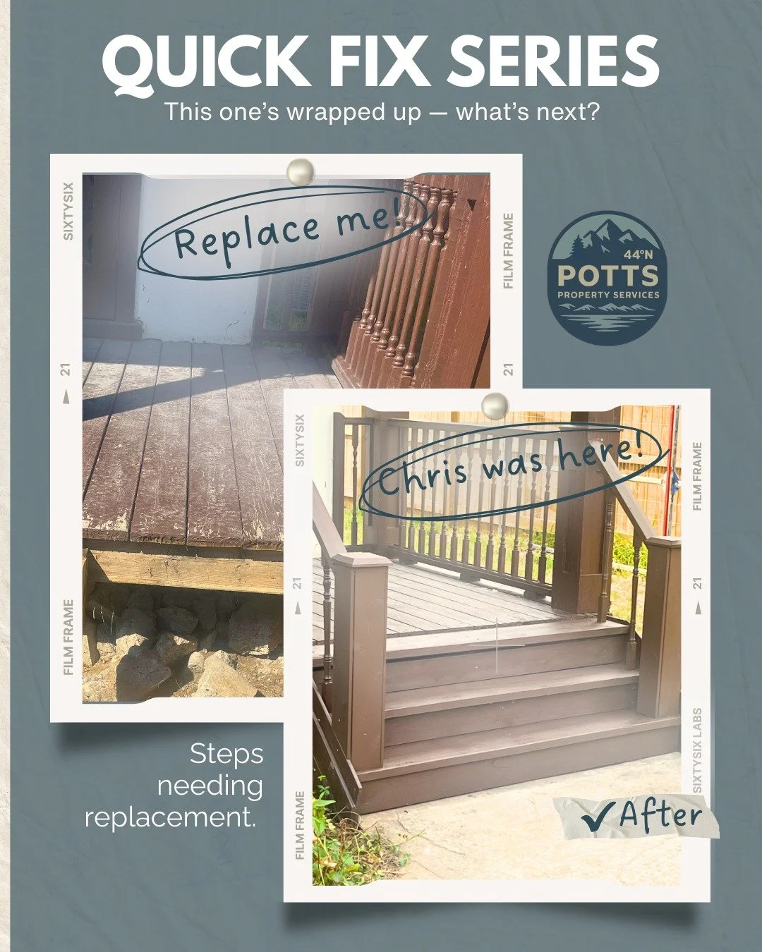 Steps that stepped up.

The old entrance was worn out and barely hanging on &mdash; we gave it the upgrade it deserved. New steps built to match the original deck so seamlessly, you&rsquo;d think they were always there. Safe, sturdy, and seriously be