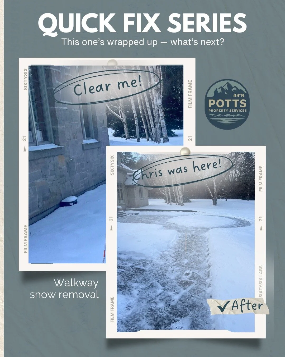 Cleared without lifting a finger.
Walkway cleared ✔️ One less thing for this homeowner to worry about &mdash; no shovel, no stress, just done.

Need help with your own winter list &mdash; or want to give someone else a break?
PPS Gift Certificates ar