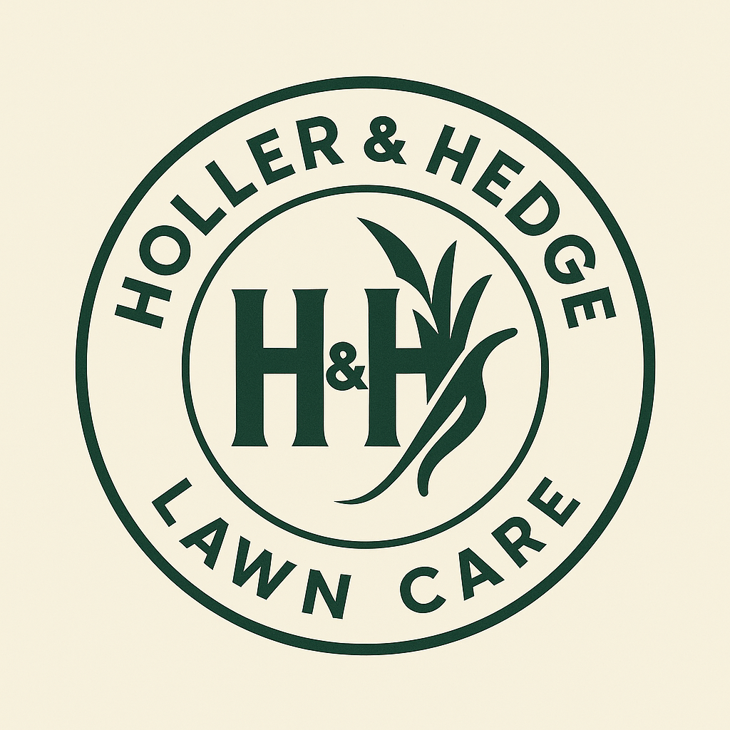 Holler & Hedge Lawn Care logo featuring stylized grass and "H & H" initials