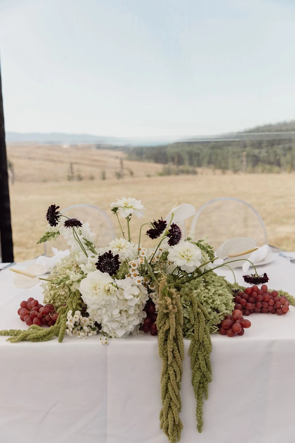 A floral centerpiece with white and dark purple flowers, red grapes, and greenery on a white tablecloth