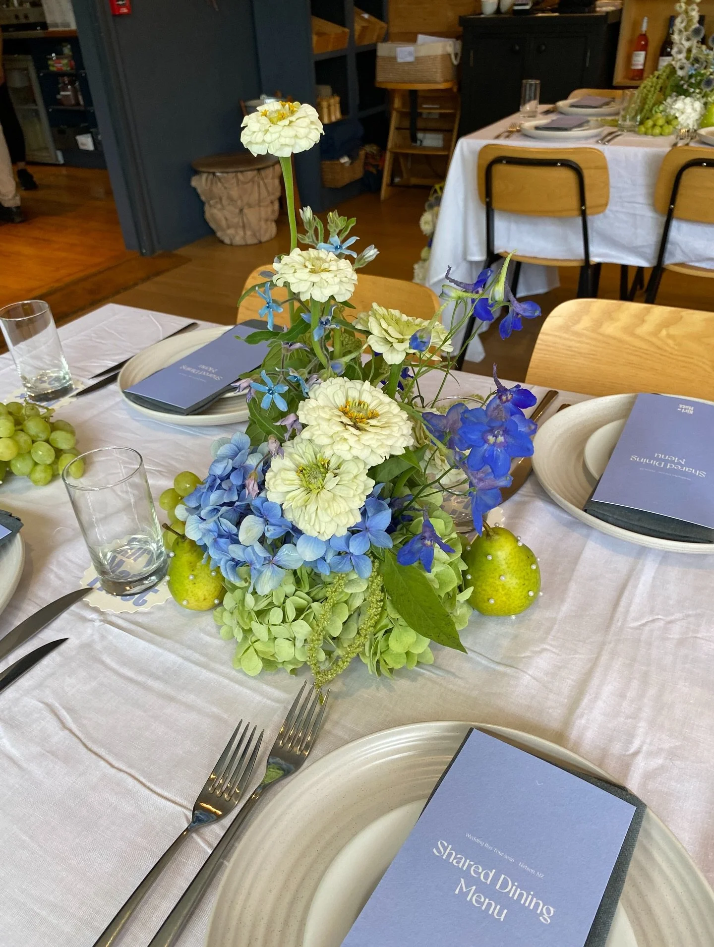 Fun table arrangements from Kiri and Matt&rsquo;s wedding 🩵💙