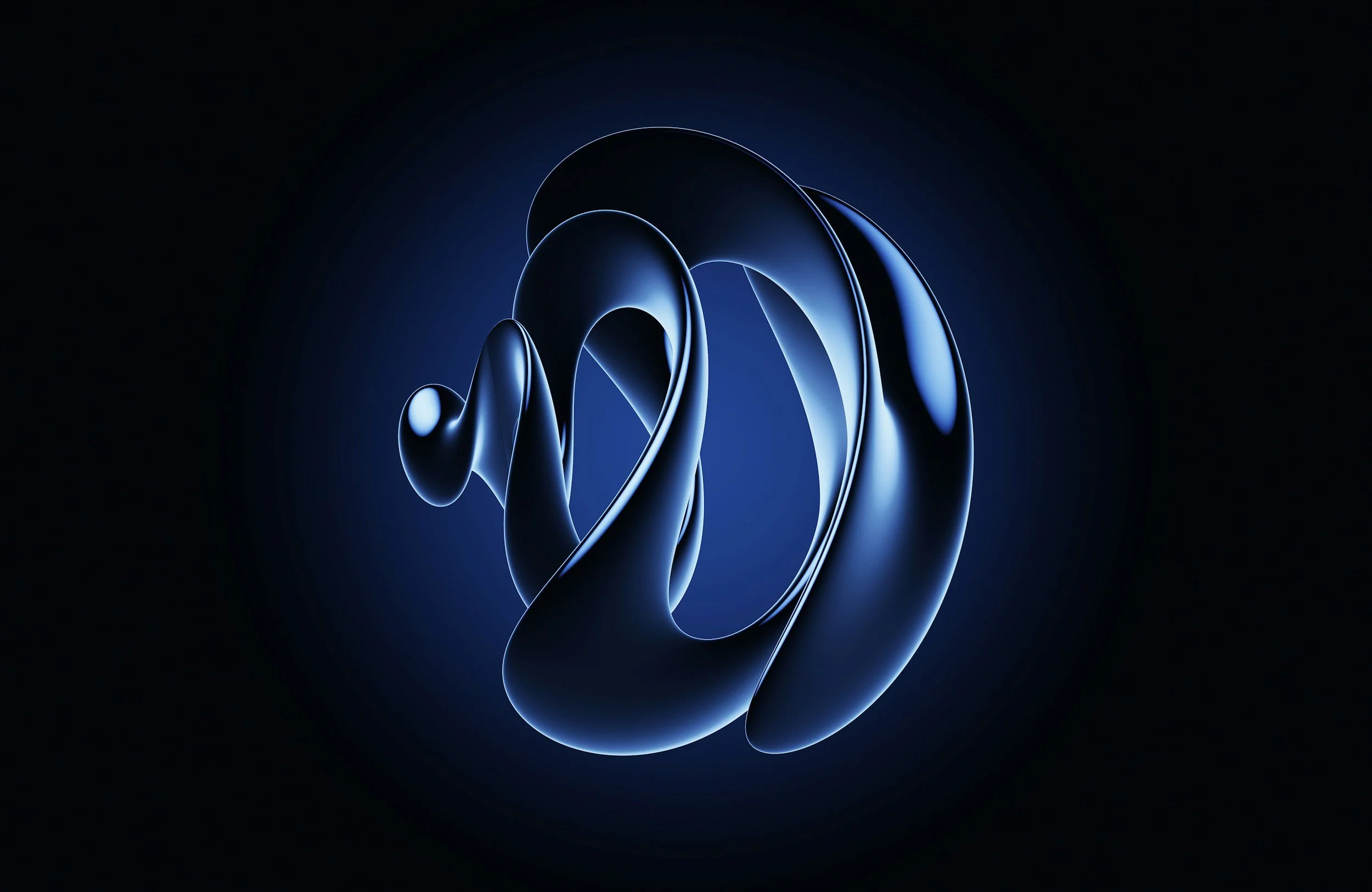 A digital abstract image with glowing blue, metallic, ribbon-like loops.