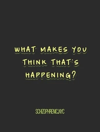 Text on a black background reading, 'What makes you think that's happening?' with a small line of text underneath saying 'schizophrenic.nyc'.