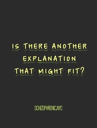 Text saying 'Is there another explanation that might fit?' with the caption 'schizophrenic.nyc' at the bottom on a black background.