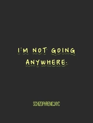 Text on a dark background that reads 'I'm not going anywhere' and includes 'schizophrenic.nyc' at the bottom.