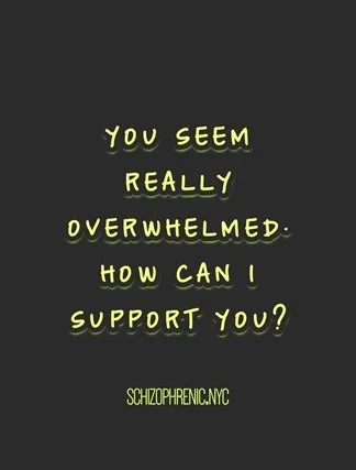 A black background with yellow text that says, "You seem really overwhelmed. How can I support you?" and a line at the bottom reading, "schizophrenic.nyc."