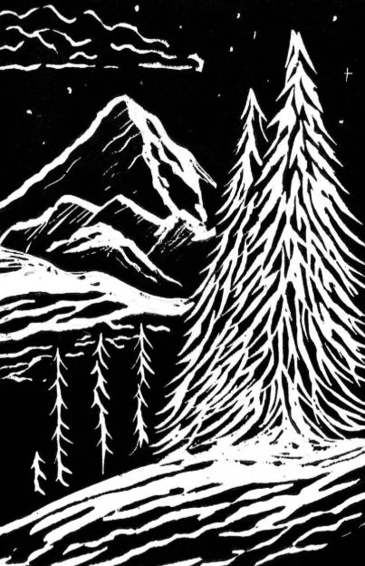 etching of forest and mountains