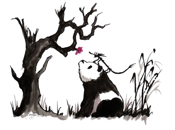 watercolor of panda and tiny dragon looking at flower blossom