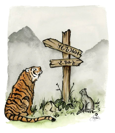 watercolor of tiger and grey cat staring at sign